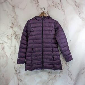 Eddie Bauer Down Puffer Jacket Women Small Parka Coat Hood Long Purple 650 FP